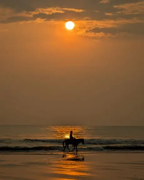 A rider on the wet sand at Cox's Bazar as the sun goes down
